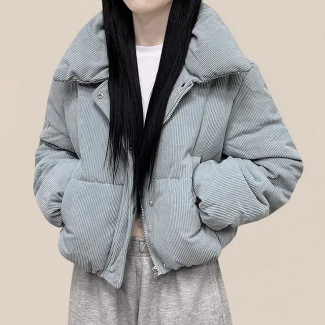 Coris-Collared Plain Corduroy Zip Puffer Jacket