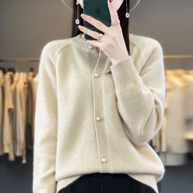 Weelop-Crewneck Button-Up Plain Cardigan
