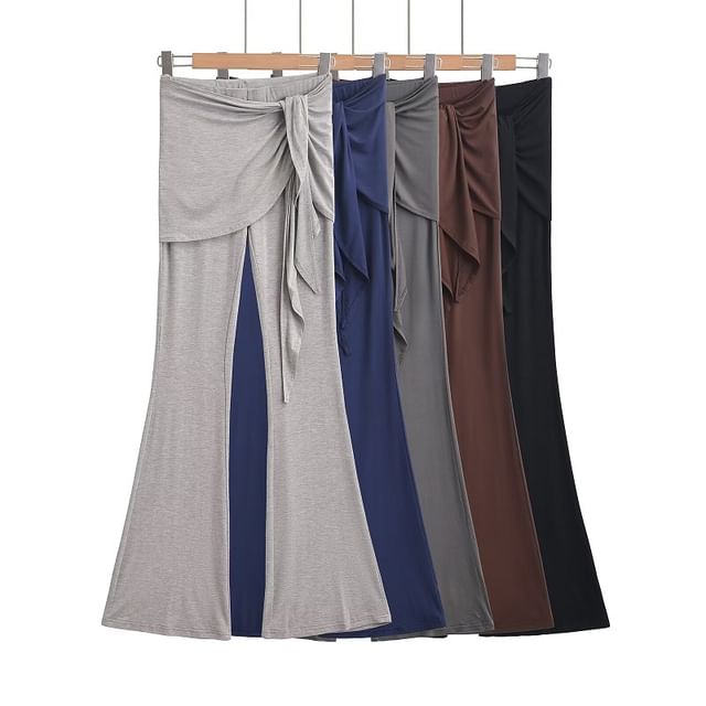 Hollahop-Elastic Waist Plain Flared Pants