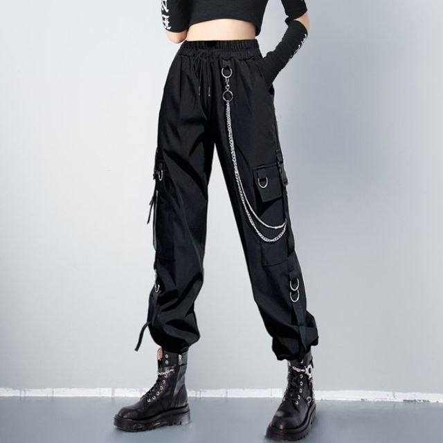 Ubuy Black Cargo Pants With Chain PERKARP Set: High Waist Plain