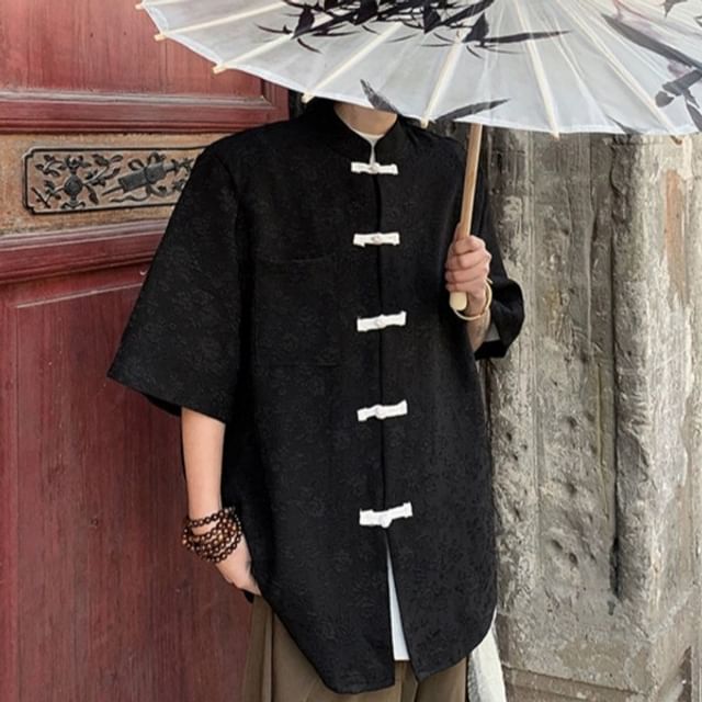 JUN-LEE-Elbow-Sleeve Frog Buttoned Lace Shirt