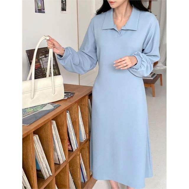 Chubby Girl - Long-SleevePlain Loose-Fit Midi Polo Dress | YesStyle