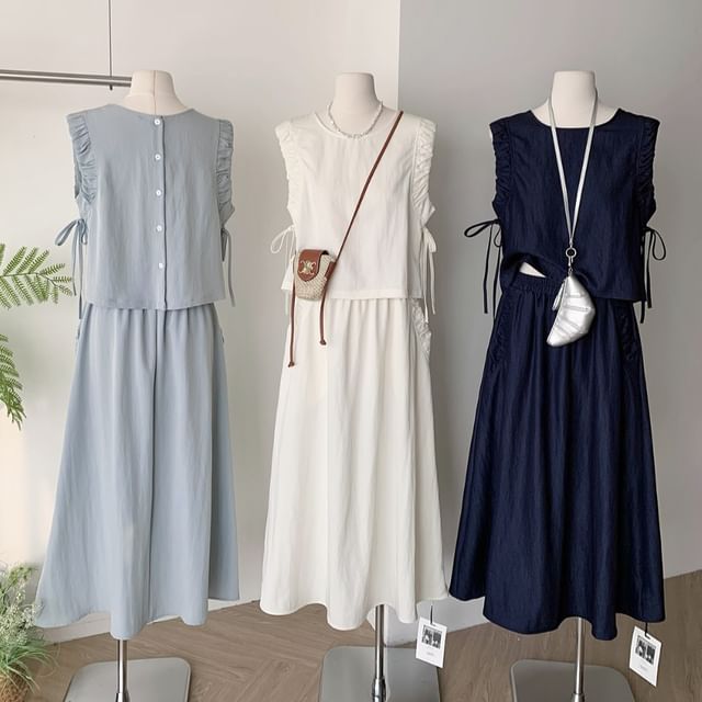 Dute-Set Sleeveless Crew Neck Plain Ruffle Trim Drawstring Blouse Elastic Waist Midi A-Line Skirt