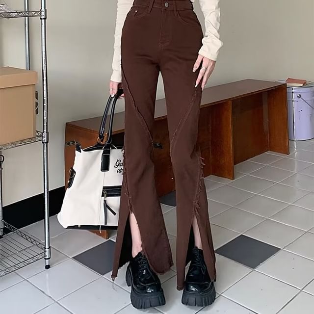 Wildfoea-High Rise Frayed Slit Flared Jeans