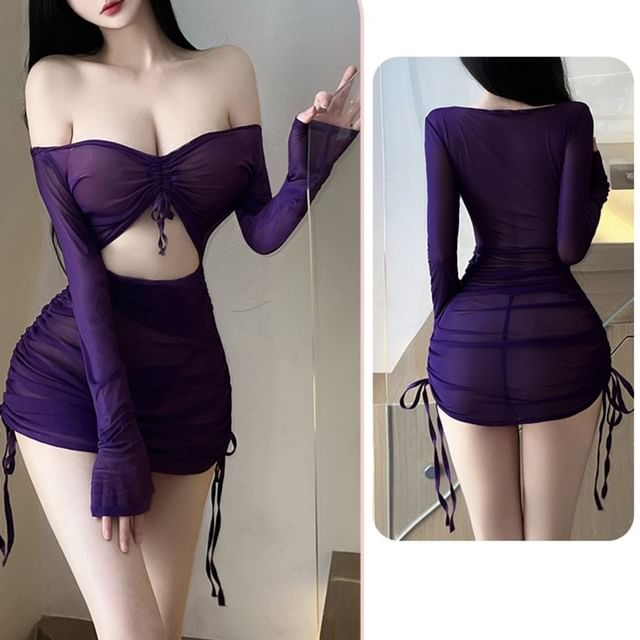 Candyiry-Long Sleeve V-Neck Plain Cutout Drawstring Mesh Nightdress
