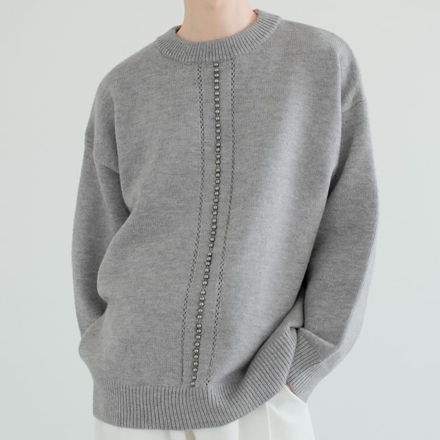 DAZO Studios-Crew Neck Plain Beaded Oversized Sweater