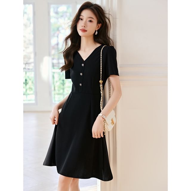 Jeonseon - Short-Sleeve V-Neck Plain A-Line Dress | YesStyle
