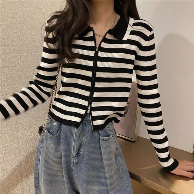 Sisyphi-Collared Striped Zip-Up Cardigan