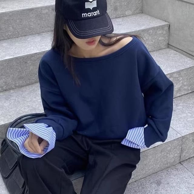 Coris-Boat Neck Striped Mock Two Piece Sweatshirt