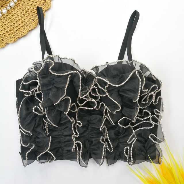 Doowex-Plain Rhinestone Trim Ruffle Mesh Bustier Top