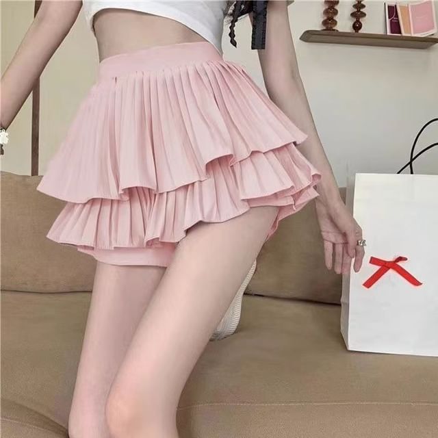 Everose-High Waist Plain Tiered Skorts