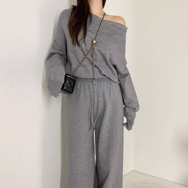 Coris-Set Long Sleeve One Shoulder Plain Knit Top Drawstring Waist Wide Leg Pants