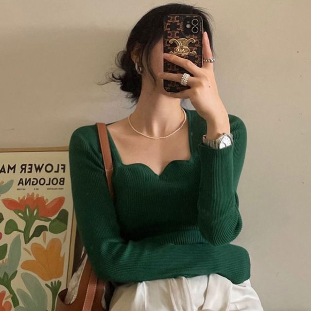 Duwnie-Long-Sleeve Plain Knit Top