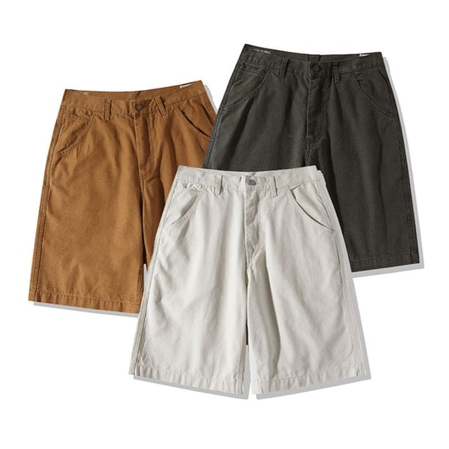 OKONKWO-Mid Rise Plain Canvas Shorts