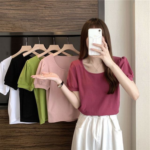 Hevnir-Puff-Sleeve Scoop Neck Plain T-Shirt