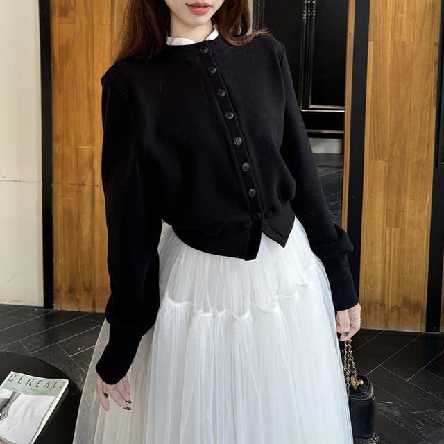 Trendycas-Stand Collar Mock Two Piece Button Jacket High Waist Plain Mesh Midi A-Line Skirt