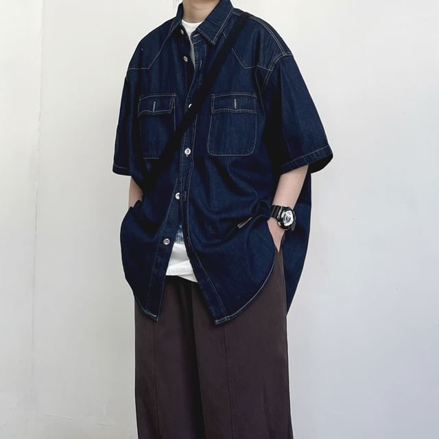 WidoWilder-34-Sleeve Contrast Stitched Washed Button-Up Denim Cargo Shirt