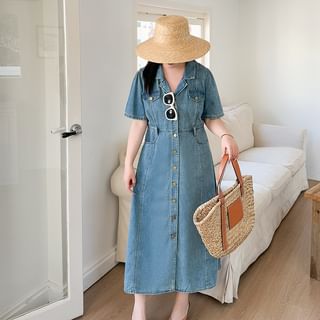 Krezol Plus Size Short-Sleeve Lapel Collar Washed Denim Midi A-Line Dress Sale