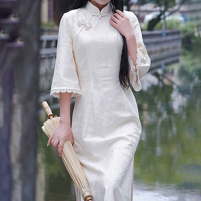 Fioridi - Elbow-Sleeve Lace Trim Floral Print Midi Qipao / Shawl | YesStyle