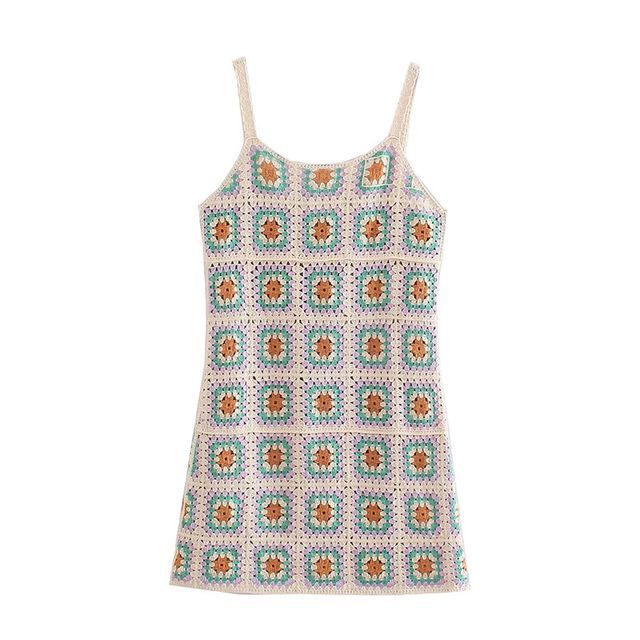 Kellus-Spaghetti-Strap Crochet Knit Mini A-Line Dress
