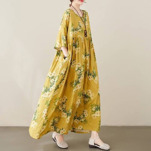 Finelylove Prettygarden Dresses Women Fitted Dress Crew Neck Printed Long  Sleeve Maxi Yellow 