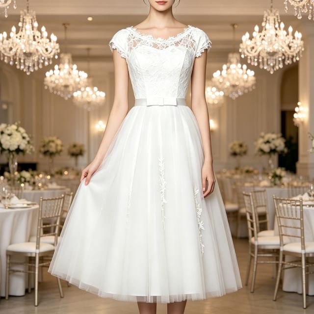 yesstyle bridesmaid dress [XS] Lace Panel Short-Sleeve Midi 2023spring