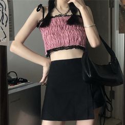 merryberry - Lace Trim Shirred Cropped Camisole Top / Lace-Up Mini A-Line Skirt merryberry - Lace Trim Shirred Cropped Camisole Top / Lace-Up Mini A-Line Skirt