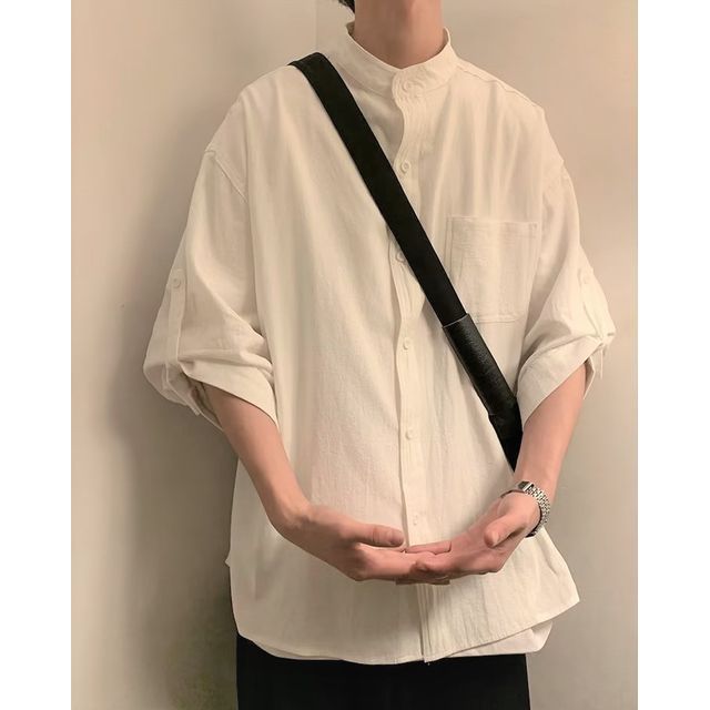 Urtishia-Short-Sleeve Plain Pocketed Shirt Jacket