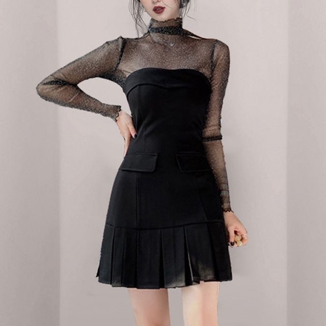 Yolandus Set: Long-Sleeve Glitter Mesh Mock-Neck Top Strapless