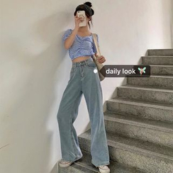 Miss Allurie - Checked Short-Sleeve Cropped Top/High-Waisted Wide-Leg Jeans Miss Allurie - Checked Short-Sleeve Cropped Top/High-Waisted Wide-Leg Jeans