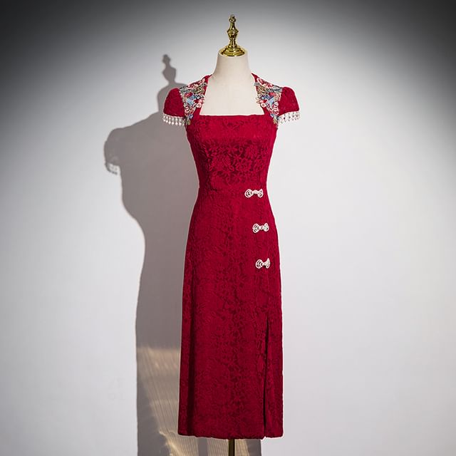 Keiko Girl - Cap Sleeve Square Neck Floral Applique Slit Lace Maxi A-Line Cocktail  Dress | YesStyle