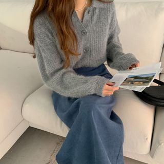 puff sleeve wool blend cardigan