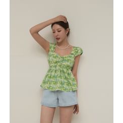 Puff-Sleeve Plaid Empire Blouse