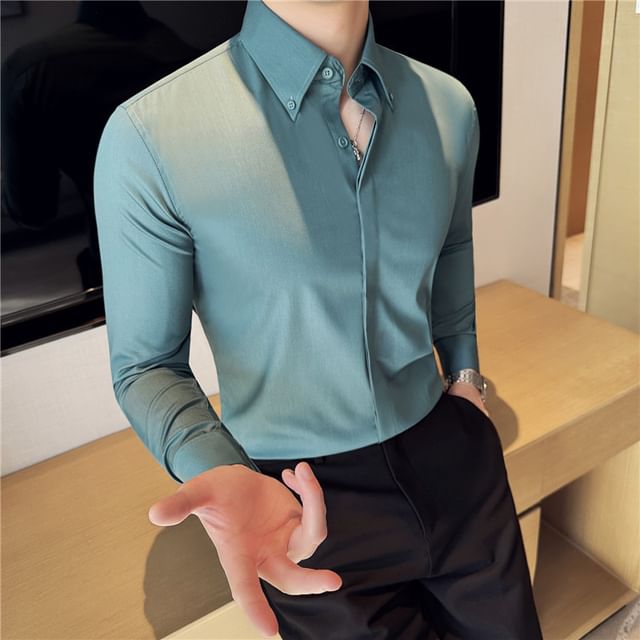 Lefitt-Long-Sleeve Button-Up Plain Shirt