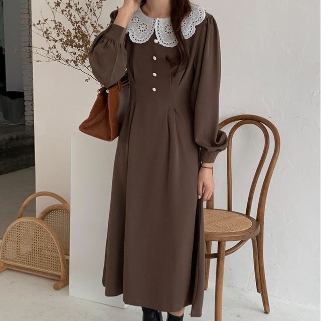 Muezz Long-Sleeve Peter Pan Collar Lace Panel Plain Midi Dress