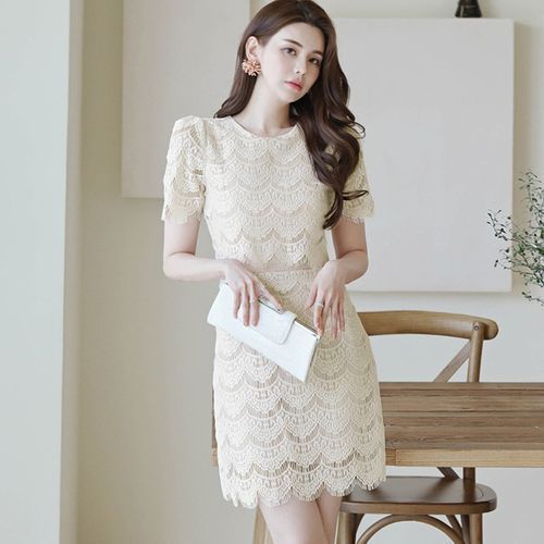 NUBE Short-Sleeve A-Line Lace Dress YesStyle