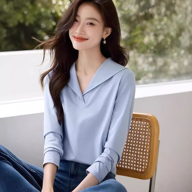 Jeonseon-Long Sleeve V-Neck Plain Blouse