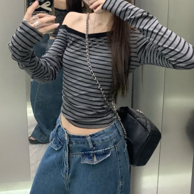 Beem-Long-Sleeve One Shoulder Striped Top