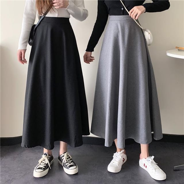 Sisyphi-High Waist Plain Maxi A-Line Skirt