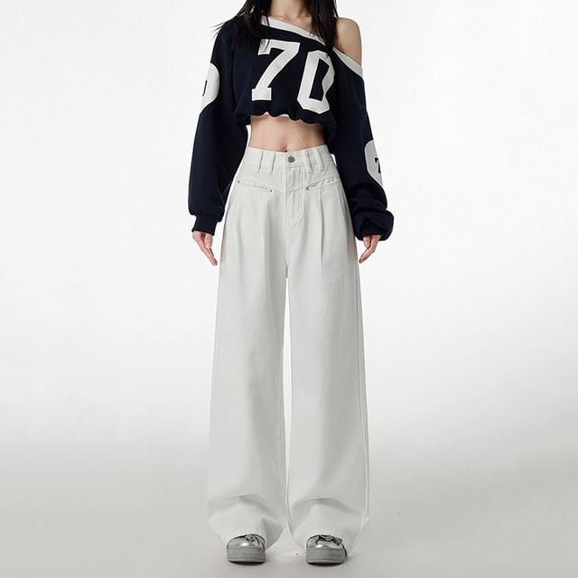 Denimot-Mid Rise Plain Wide Leg Jeans Various Designs