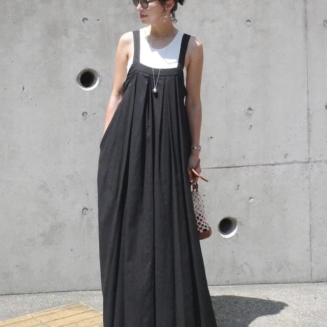 Lewwe-Plain Maxi A-Line Dungaree Dress