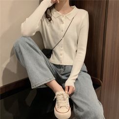 Magimomo - Collared Rib Knit Cardigan Magimomo - Collared Rib Knit Cardigan
