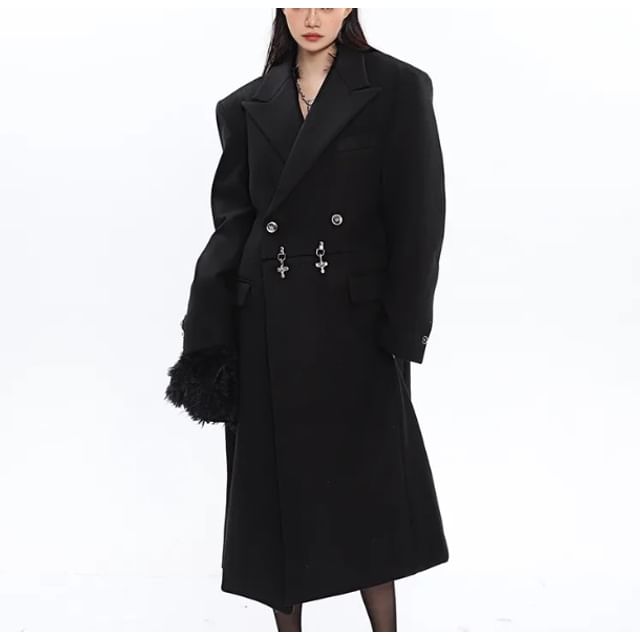 SPUCIKLEI-Peak Lapel Plain Buckled Double-Breasted Long Coat