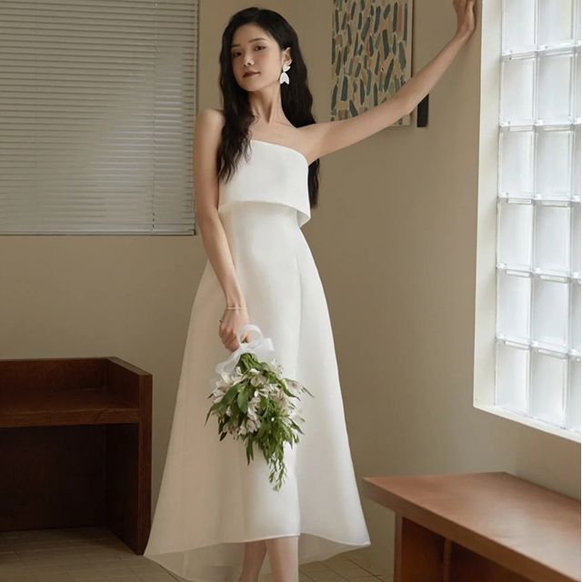 MSSBridal - Strapless Plain Midi A-Line Wedding Dress | YesStyle