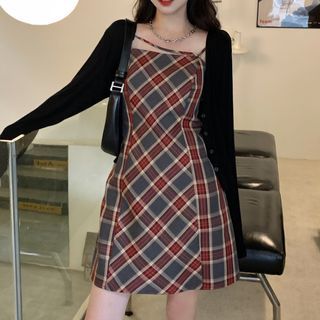 plaid dress with cardigan