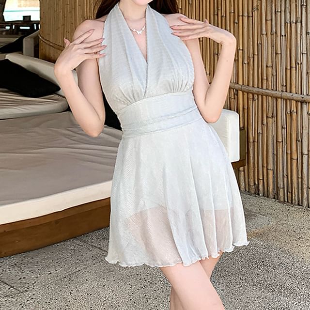 CUCURBIT-Halter V-Neck Open Back Swim Dress