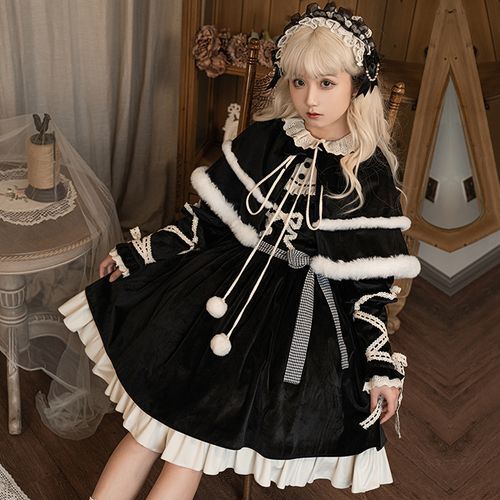 Mock Two-Piece Long-Sleeve Flared-Cuff Lace Trim A-Line Lolita Dress /  Gingham Sash / Bow Tie / Cape / Set