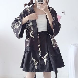 Yoshimi - Set: Printed Kimono Jacket + Flared Skirt | YesStyle