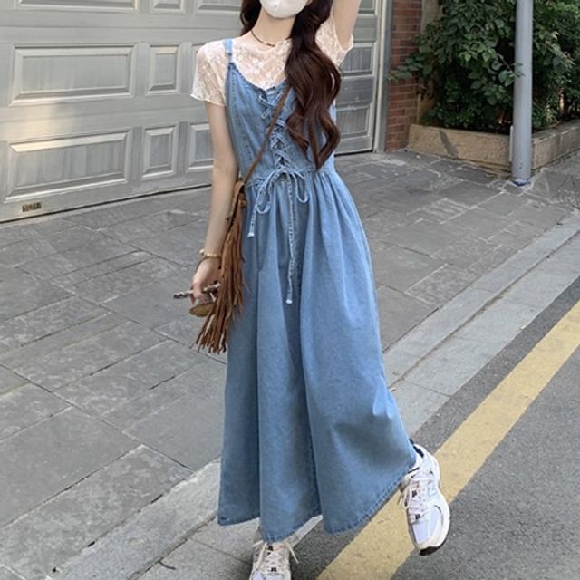 Pickxy - Short-Sleeve Round Neck Lace Top / Spaghetti Strap Lace-Up Denim  Midi A-Line Dress | YesStyle