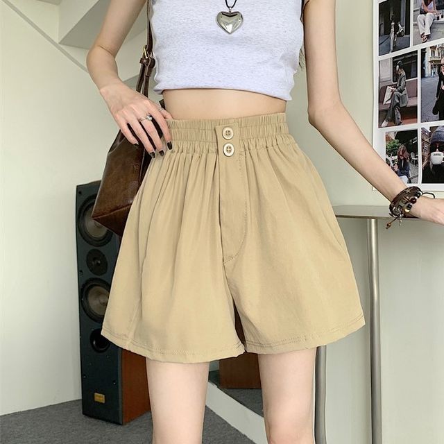 Yako-High-Waist Plain Wide-Leg Shorts